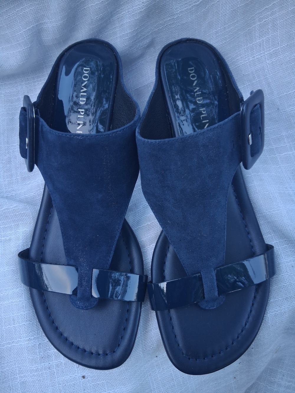Donald J. Pliner Navy Suede and Patent Leather Buckle Sandals
